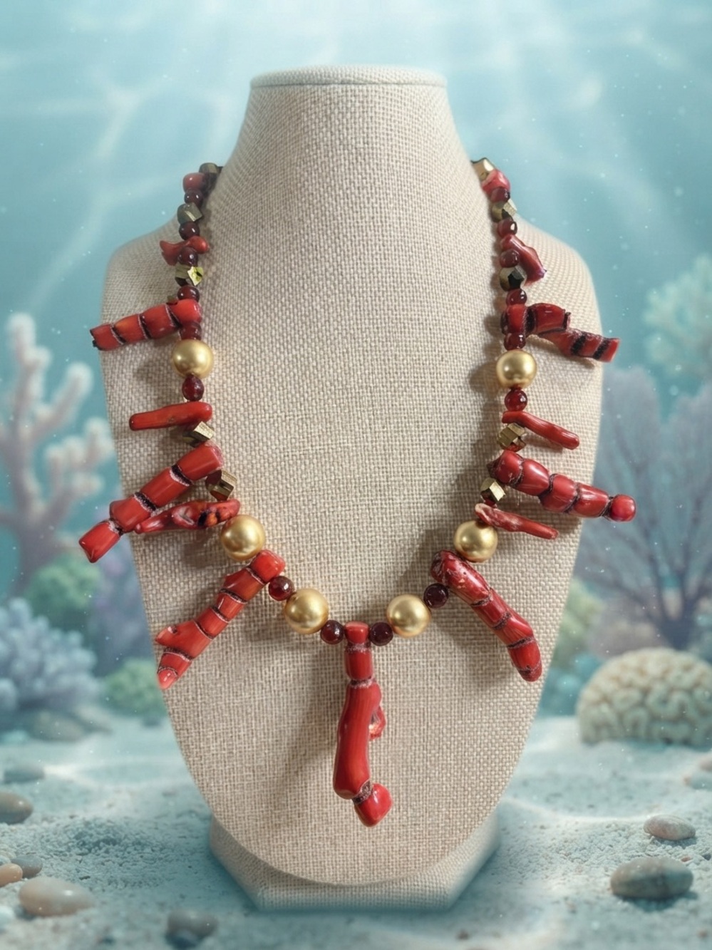Artisan jewelry: “Isidella” coral, garnet, and crystal necklace